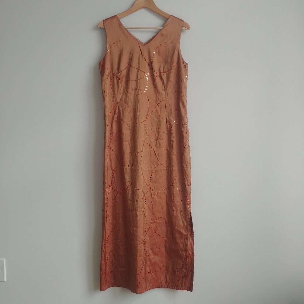John Bentley iridescent orange midi maxi long sleeveless dress sequins 12